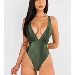 Sexy Satin Feel Deep V-Neck Halter Solid Swimsuit